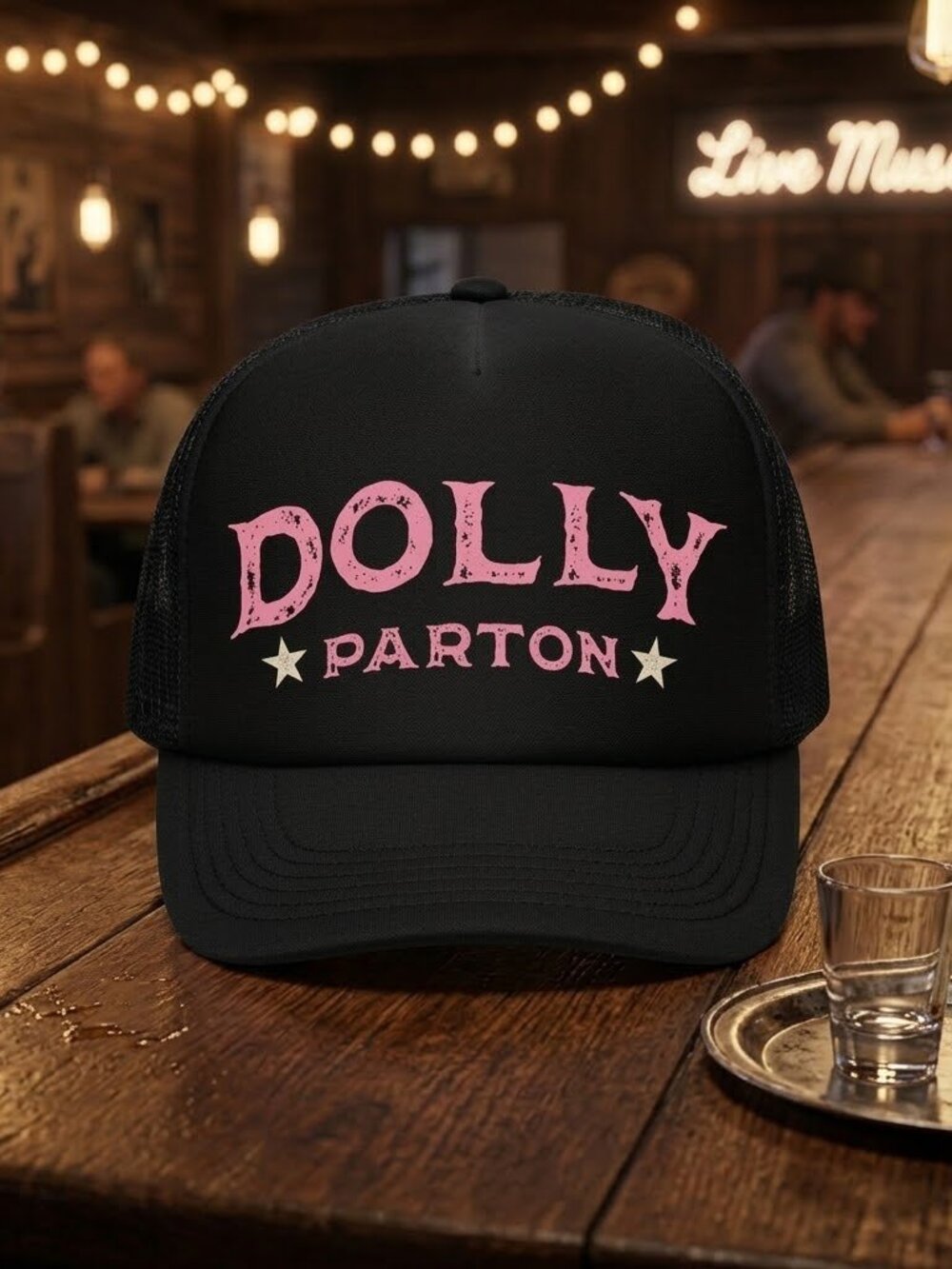 Dolly Parton Vintage Tour Tribute Printed Black Foam Mesh Trucker Hat Country US